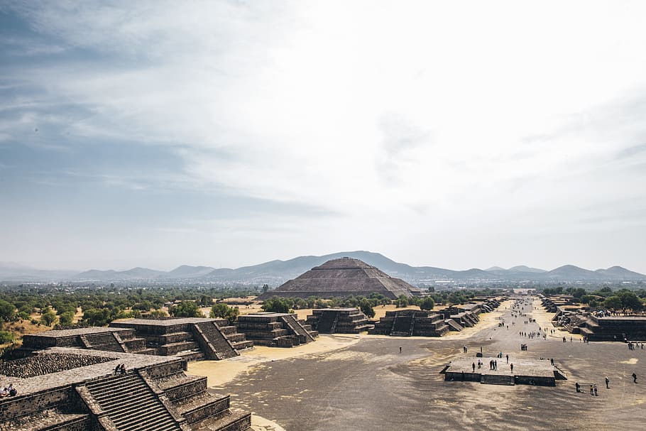 tourists, teotihuacan pyramids, state, mexico, cloudy, day, archaeology, architecture, historic, landscape