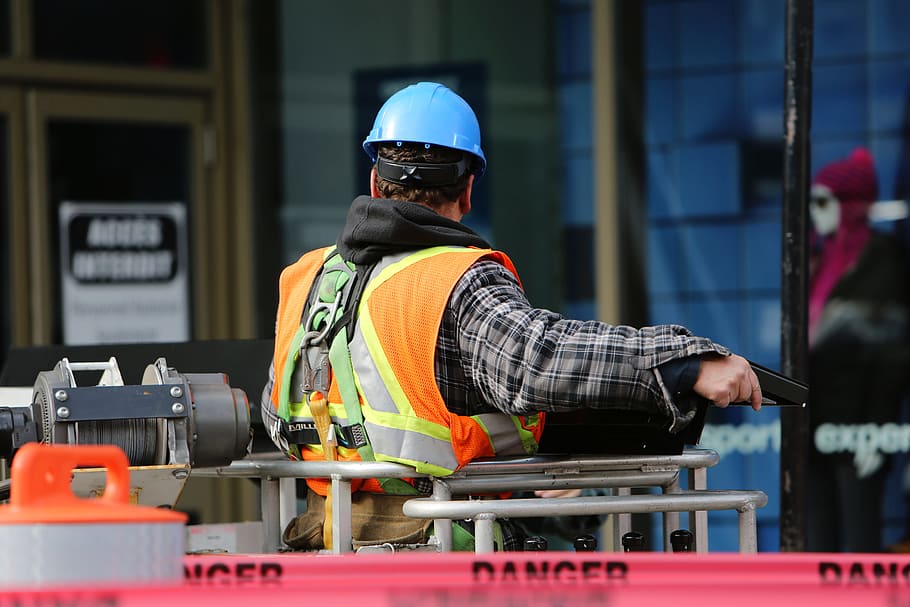 construction, zone, worker, danger, tape, vest, hard hat, signs, occupation, helmet