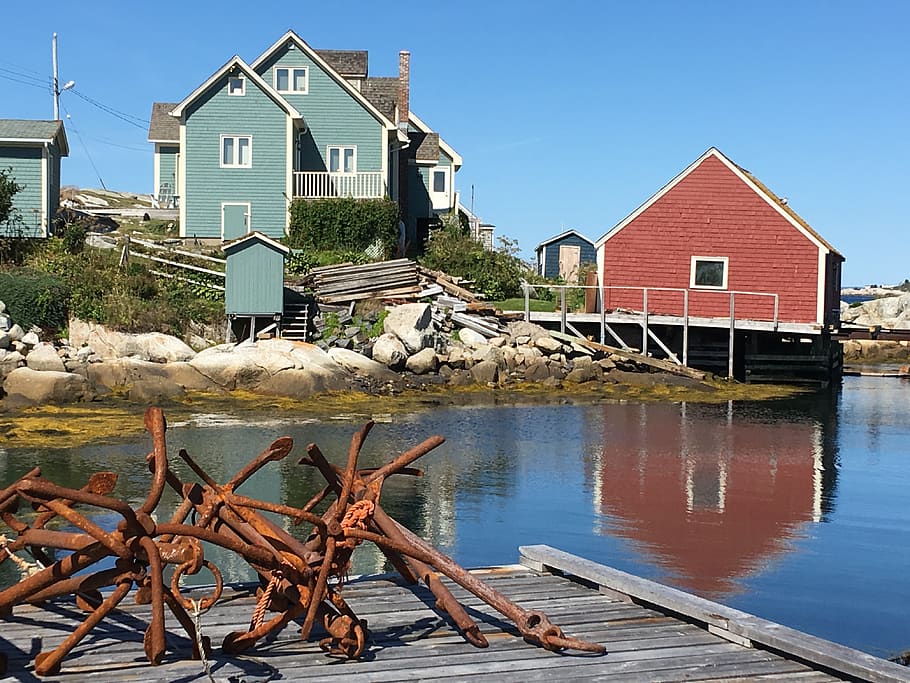 peggy s cove, rusty anchors, houses by water, red house, nova scotia, architecture, built structure, building exterior, water, house