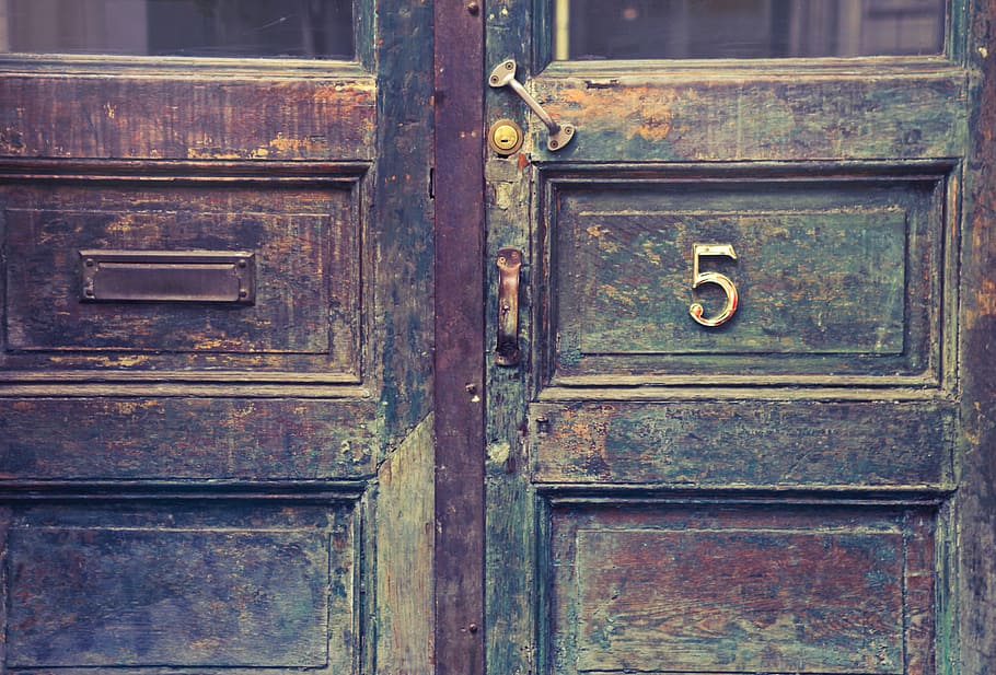 old, wooden, entrance doors, metal door number sign, mail h, antique, construction, doorway, entrance, front