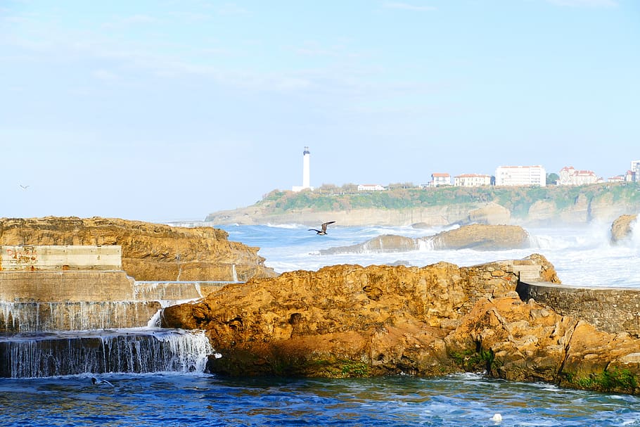 biarritz, mar, oceano, arquitetura, frança, praia, céu, areia, farol, sol