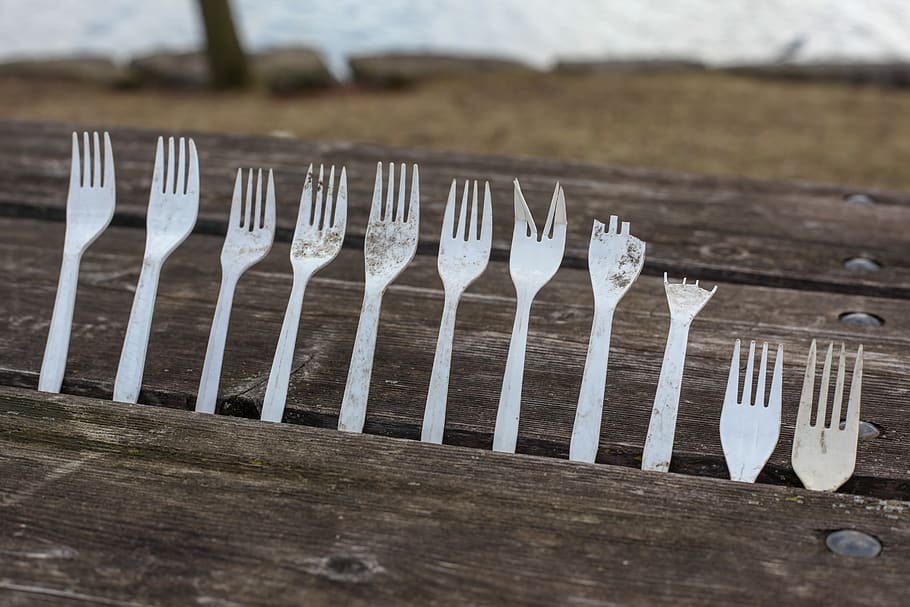 one way, forks, cutlery, plastics, disposal, recycle, plastic, reuse, picnic, garbage