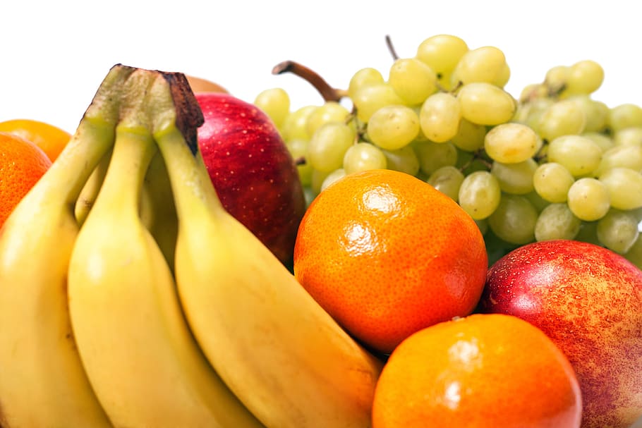 bananas, food, fresh, fruit, grapes, heap, object, orange, red, ripe