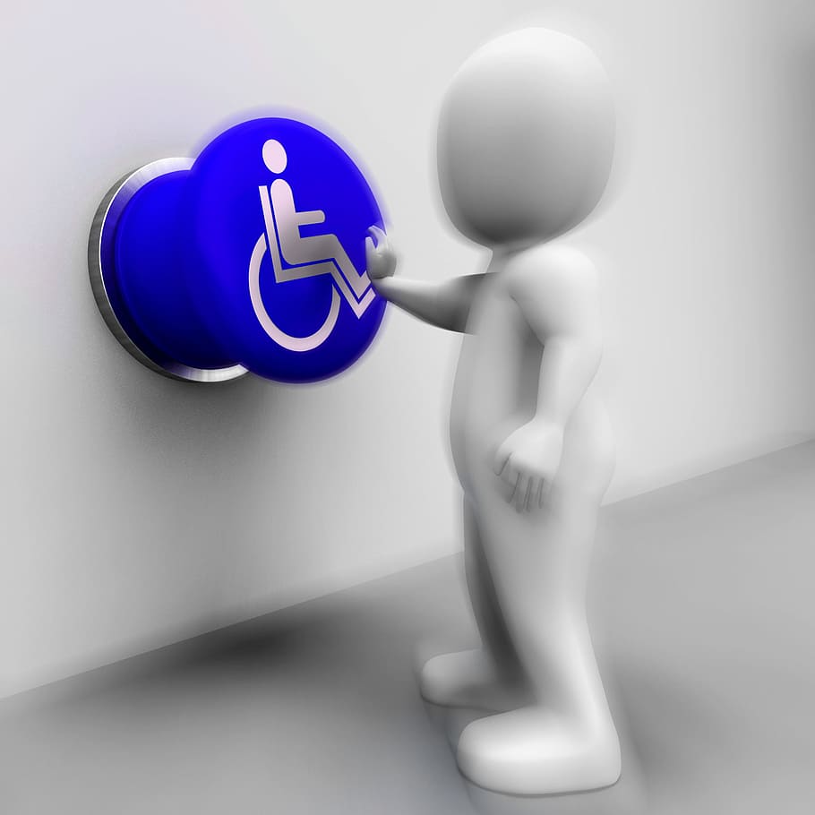 cadeira de rodas, pressionada, mostrando, física, deficiência, imobilidade, botão, desabilitado, estacionamento para deficientes, cadeira de rodas elétrica