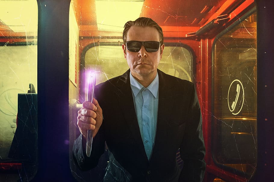 human, film, suit, sunglasses, phone booth, light, one person, fashion, glasses, men