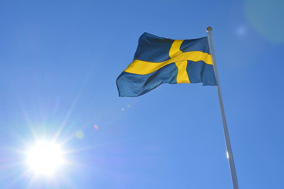 bandeira, suécia, bandeira sueca, solar, vento, fundo, verão, saudação, cartão postal, céu