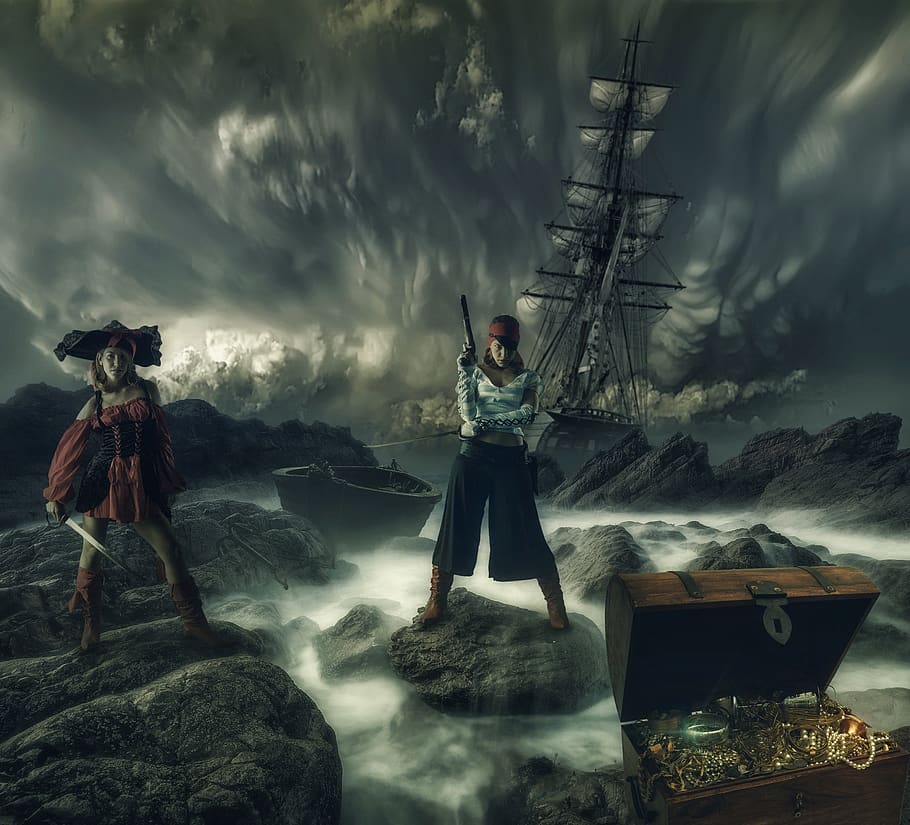pirates of the, fantasy, girl, treatment, sea, island, treasures, sky, full length, cloud - sky