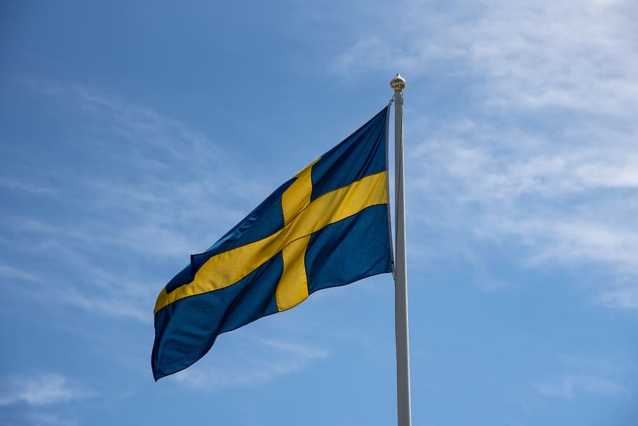 bandeira sueca, suécia, dia nacional, 6 de junho, solstício de verão, festa de verão, verão, céu azul, solar, bandeira