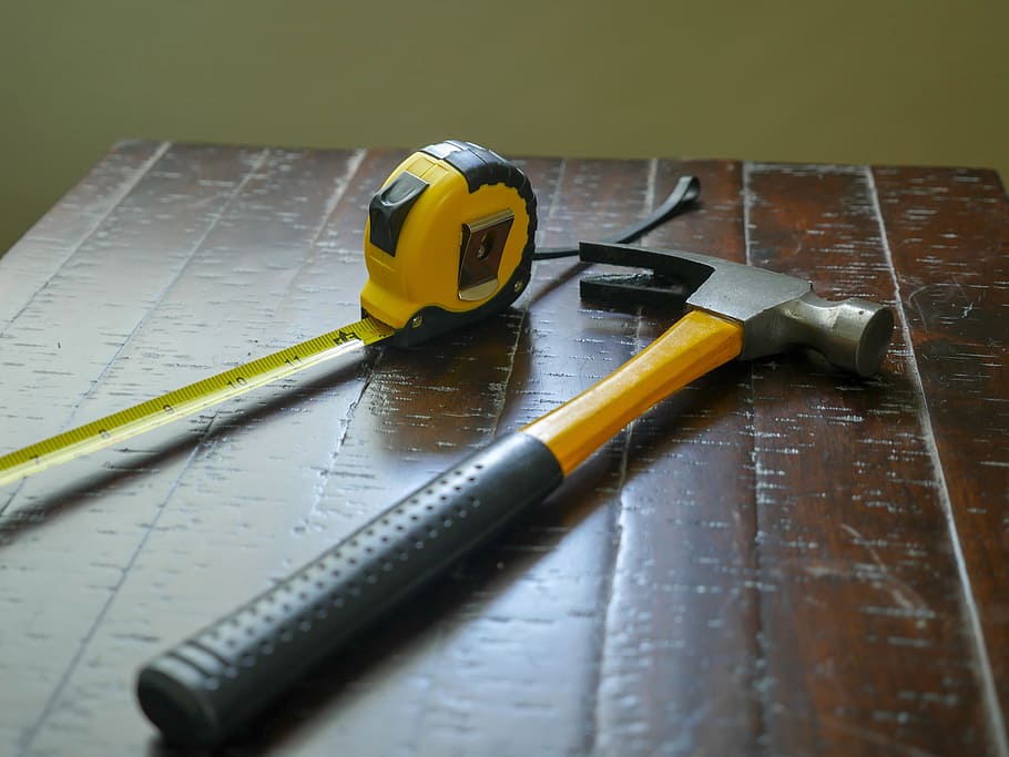 hammer, measuring, tape, sitting, wooden, table, repair, build, object, wood
