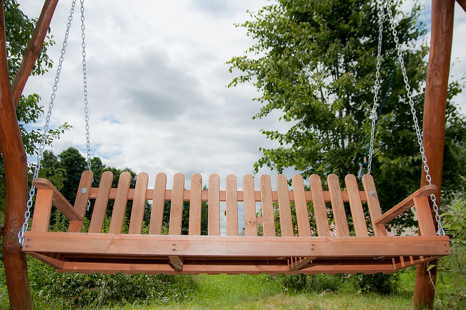 bench, swing, quiet, wooden, rest, village, benches, plant, tree, wood - material