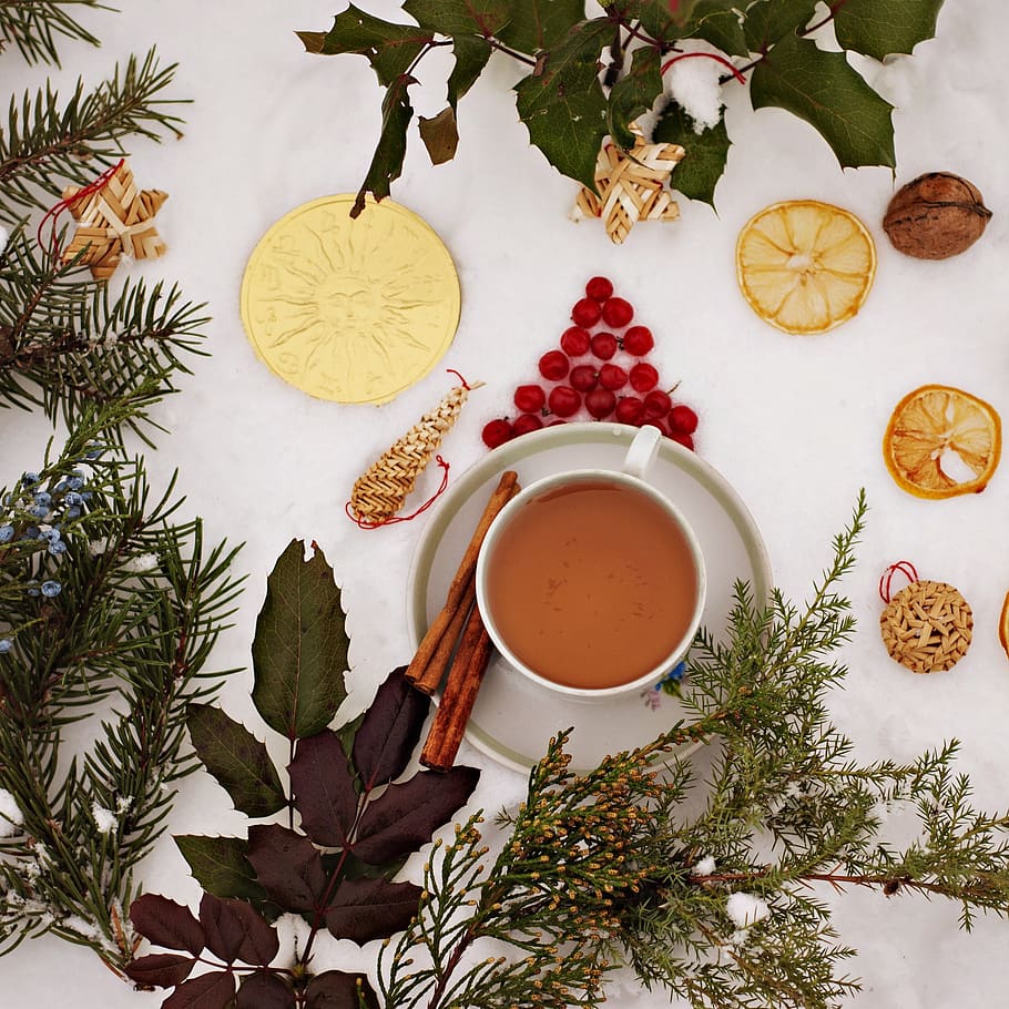 christmas, cup, ornament, winter, background, drink, cinnamon, tea, holly, sheet