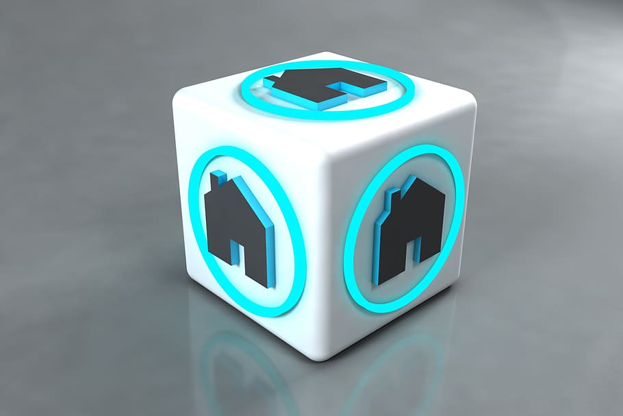 bienes raíces, símbolo, cubo, modelado 3d, azul, adentro, primer plano, tiro del estudio, ninguna gente, tecnología