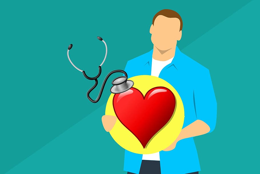 illustration, man, holding, heart icon, heath care concept, concept., blood, pressure, heart, low