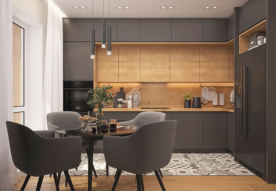 cocina, loft, estilo estricto, diseño de interiores, proyecto de diseño, apartamento, interior, liquidación, muebles, 3d