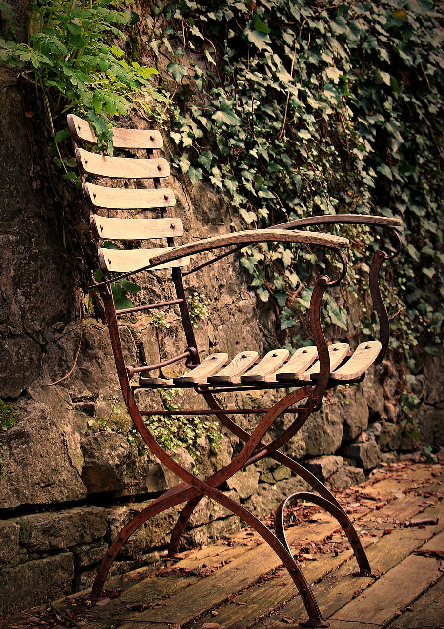 chair, seating furniture, outdoor, ivy, fern, weathered, sit, empty, relax, background