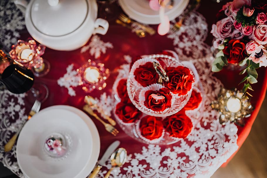 decorações de mesa, &, flores, dia dos namorados, mesa, amor, romântico, juntos, romance, talheres