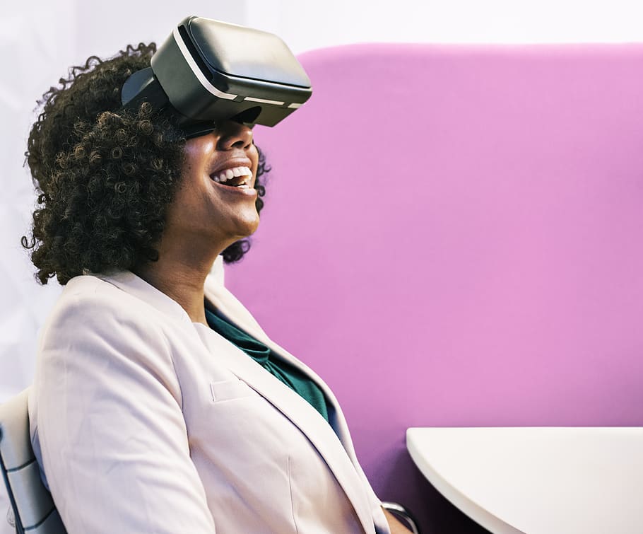 vr, african, black, businesswoman, device, digital, enjoying, entertainment, experience, goggles