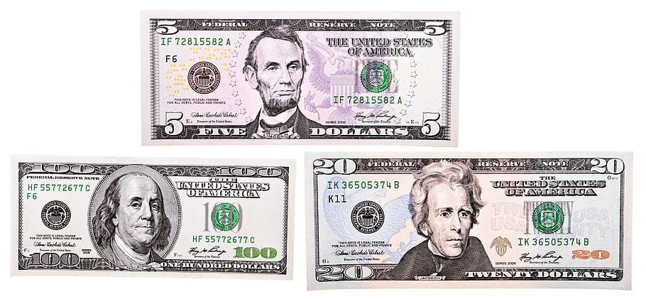 dólar, proyecto de ley, cien, billetes, dólares, dinero, blanco, estadounidense, fondo, aislado