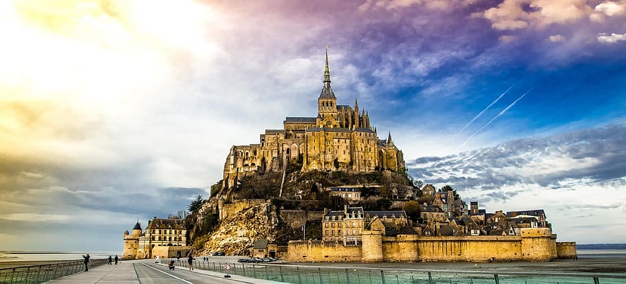 mont st michel, island, church, normandy, france, cathedral, tourism, travel, castle, water
