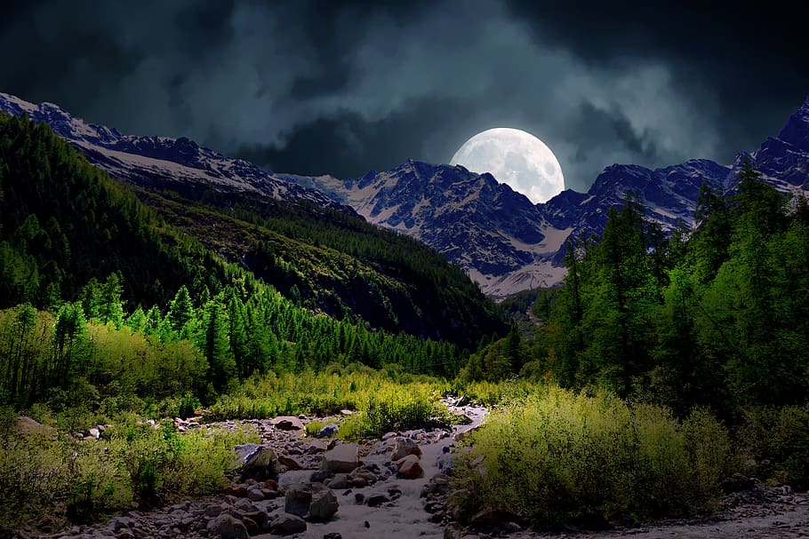 luna, mountains, sky, nature, night, landscape, fantasia, clouds, atmosphere, astronomy