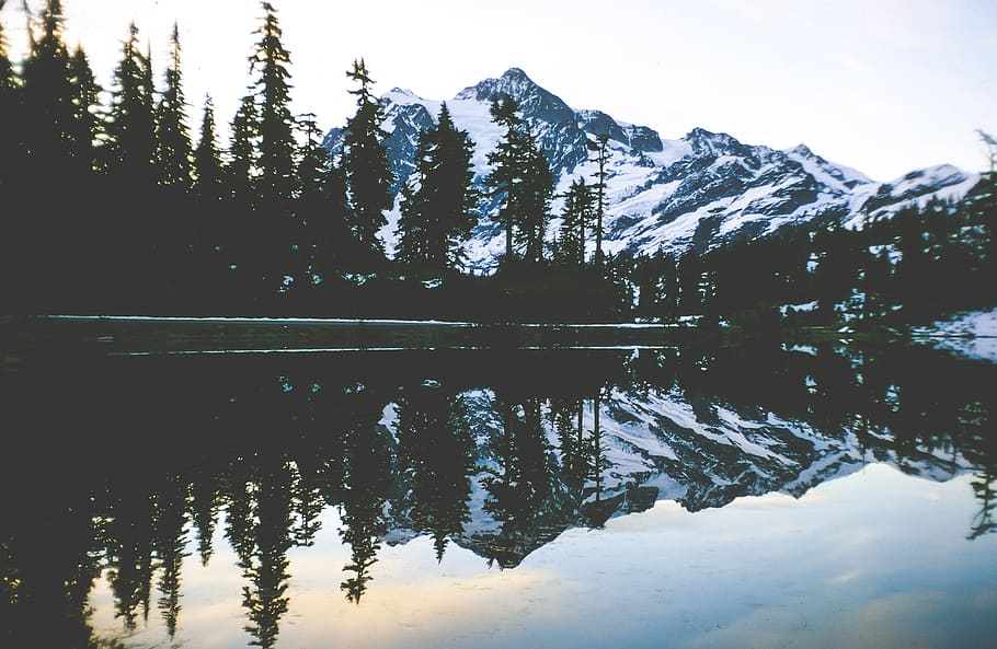 mount, shuksan reflection, picture lake, washington state, usa, america, beautiful, blue, glacier, green