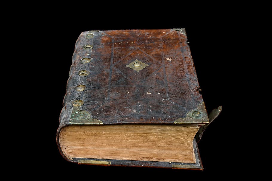 book, old, library, antique, read, religious, black background, studio shot, indoors, wood - material