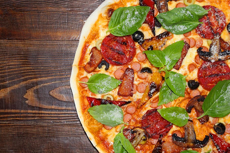 pizza, table, food, food and drink, basil, vegetable, herb, directly above, unhealthy eating, freshness