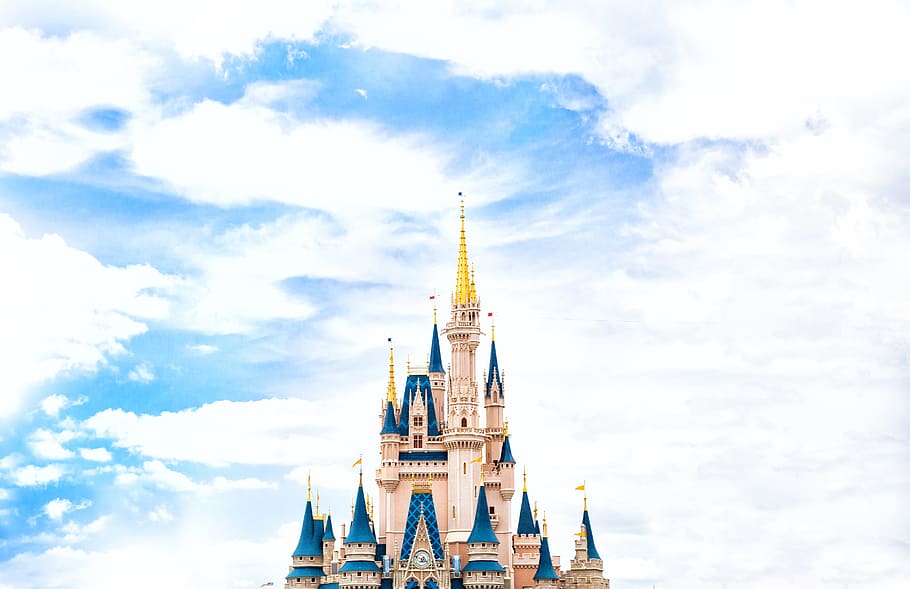 Walt Disney, Disneyland, Disney World, castelo, Cinderela, picos, céu, nuvens, imaginação, parque de diversões