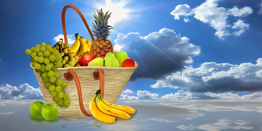 eat, food, fruit, fruit basket, purchasing, healthy, vitamins, banana, grape, apple