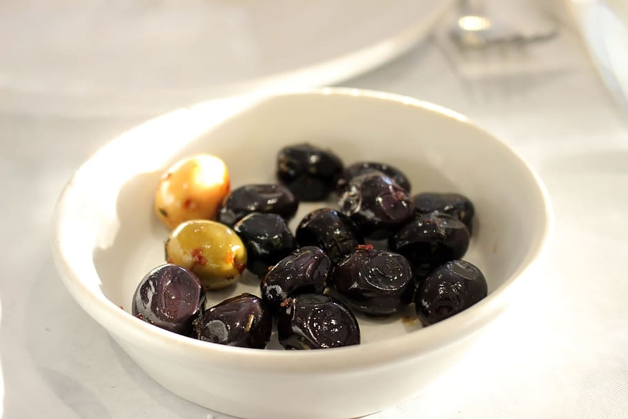bowl, black, olives, white, table background, healthy, dark, appetizer, oil, plate