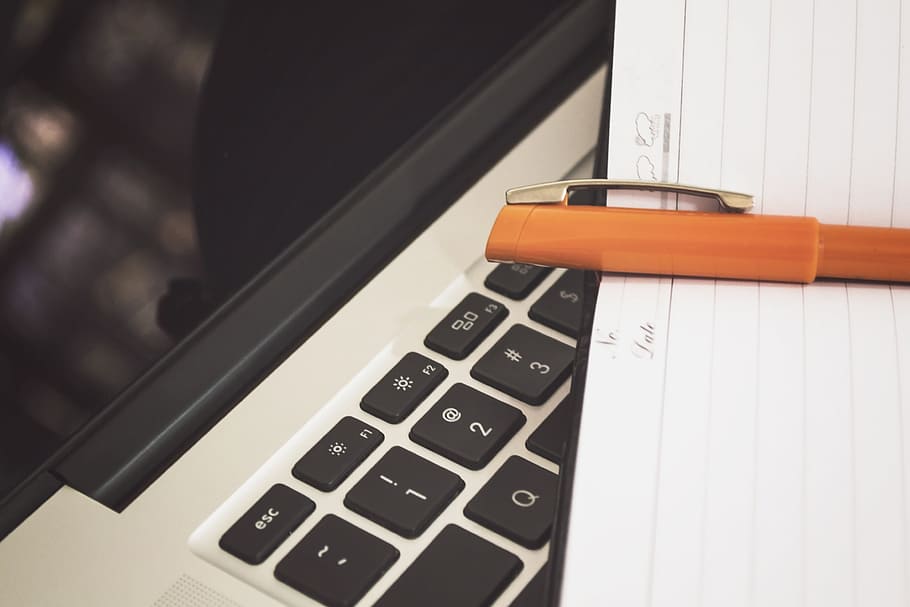 note, taking, leather notepad, orange, pen, placed, macbook keyboard, technology, wireless technology, close-up