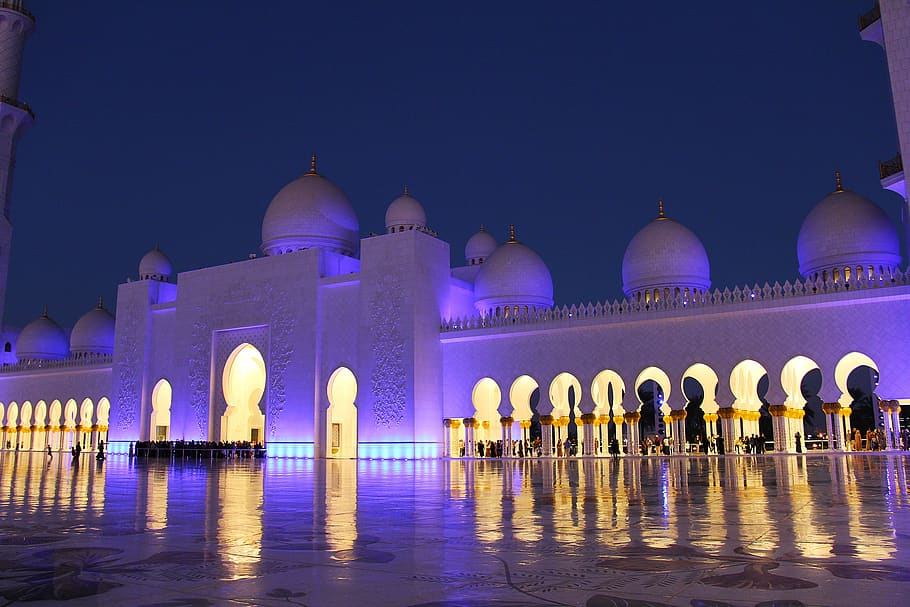 illuminated, architecture, evening, light, travel, night, pray, muslim, sheikh zayed grand mosque, mosque
