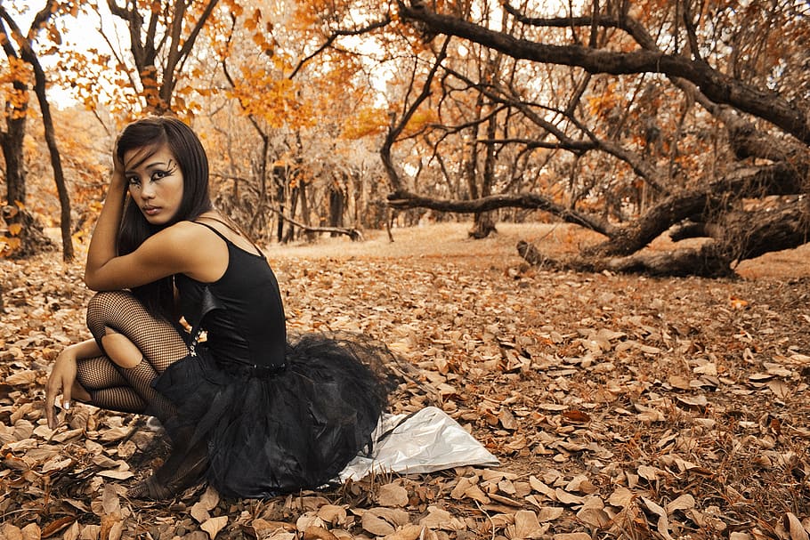 woman, girl, model, autumn, leaves, trees, nature, people, black, tutu