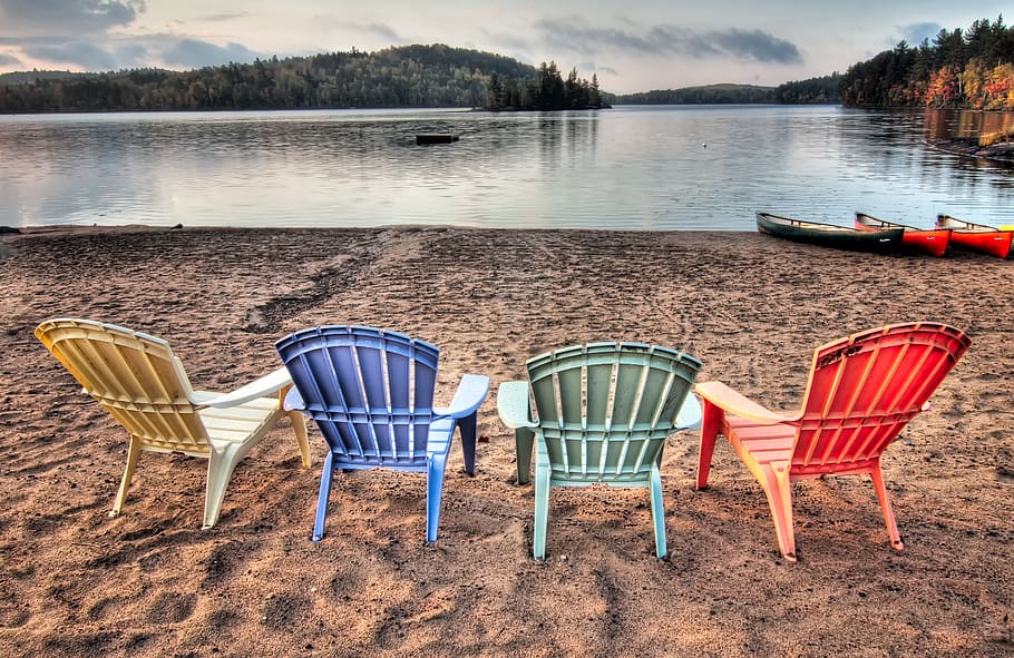 adirondack, adirondack chair, adirondack chairs, beach, canoe, canoes, chair, clouds, deck chair, fall