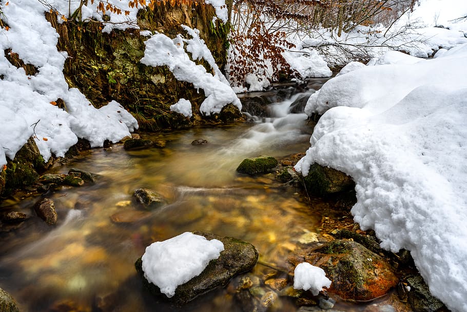 természet, patak, tél, hó, winter, snow, brook, mountains, nature, frost