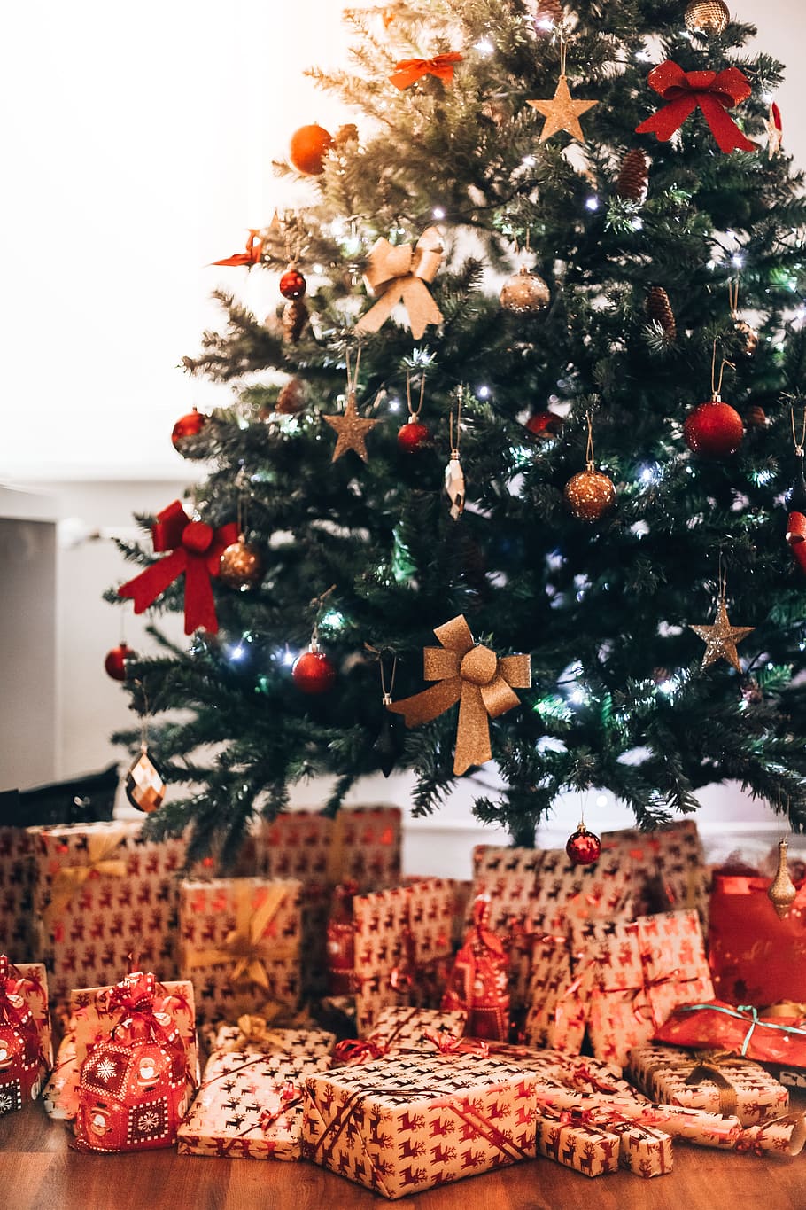 árbol de navidad, regalos, vertical, celebración, navidad, decoración