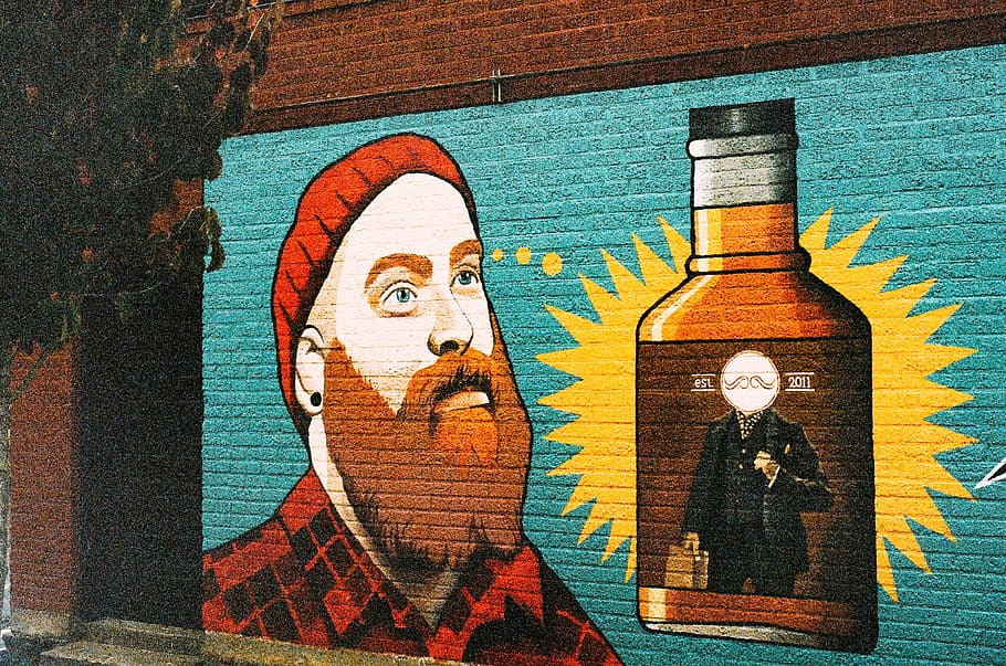 wall, paint, graffiti, man, orange, beard, hat, toque, plaid, hipster