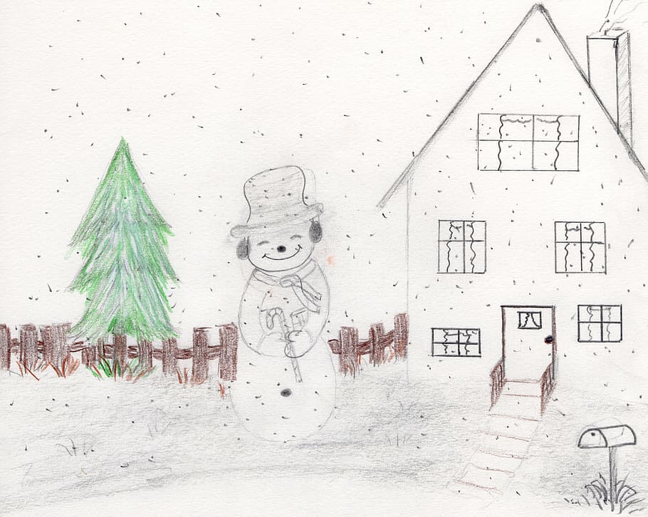 drawing, snowman, winter, house, christmas, handdrawn, architecture, art and craft, creativity, holiday