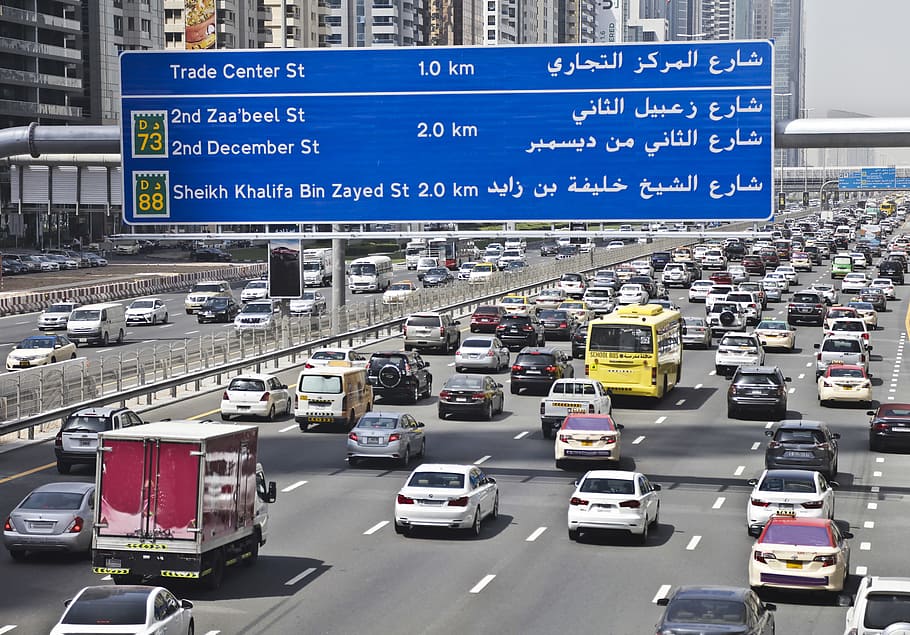 sinais de trânsito, mostrando, distância, estrada sheikh zayed, centro comercial, dubai, unidos, emirados árabes, Direção, Linha