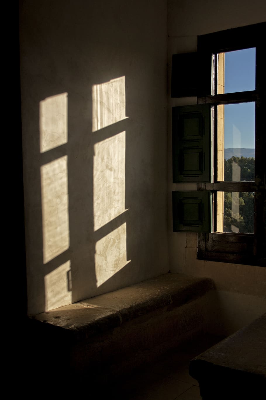 window, sky, field, architecture, shadows, light, backlight, indoors, building, built structure