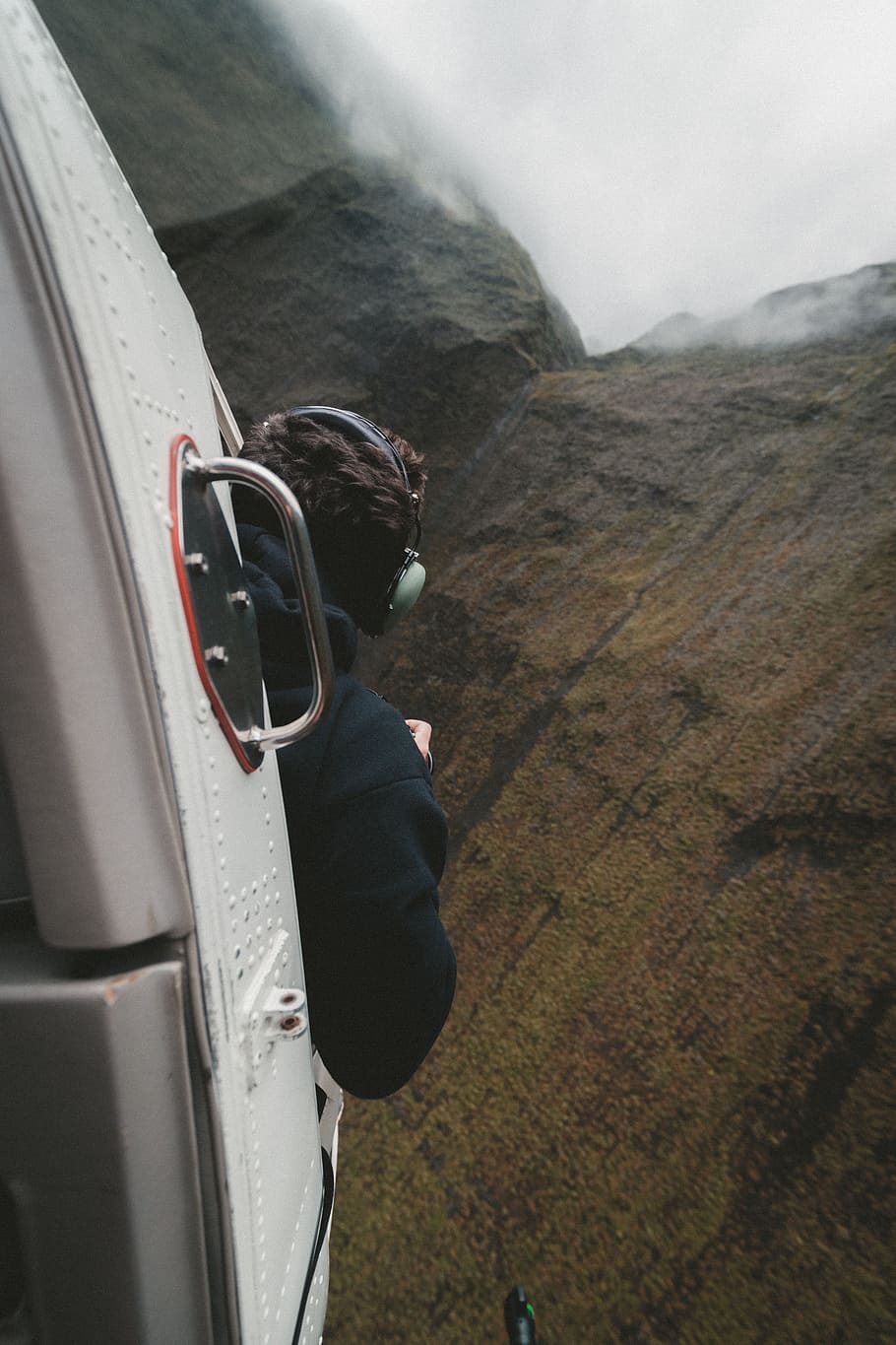 helicopter, aircraft, flight, travel, trip, clouds, mountain, fog, people, man