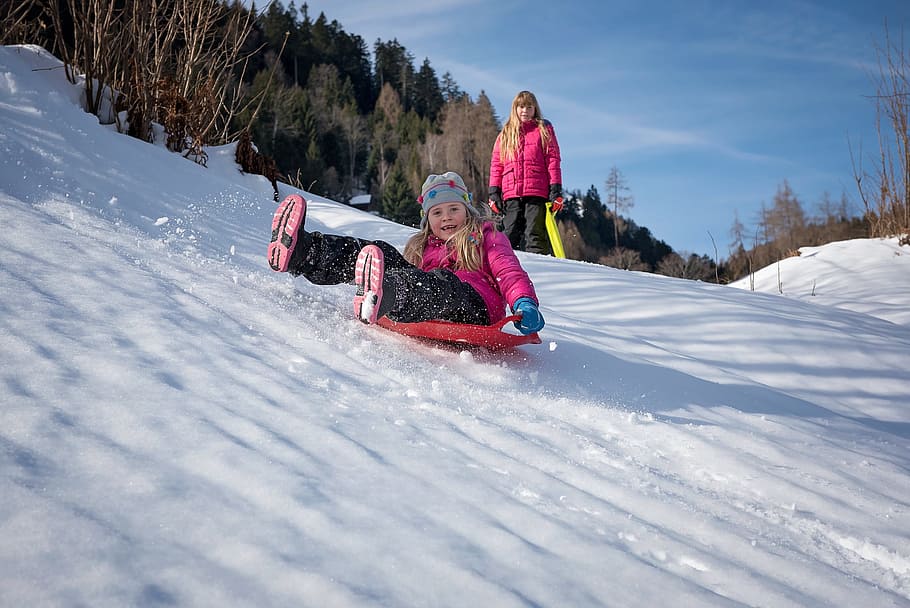 ride, sister, sibling, child, kid, nature, landscape, ice, snow, frozen