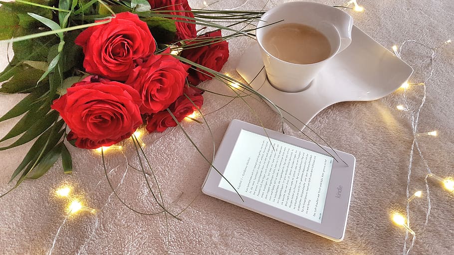 ebook, reader, roses, cup, coffee, read, kindle, books, table, flower