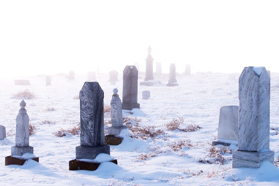 tombstones, fog, winter, cemetery, graveyard, gravestone, fantasy, sky, architecture, nature