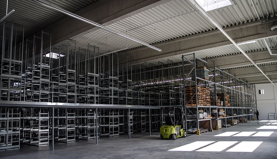 warehouse, shelves, high bay, steel, metal, industry, architecture, building, built structure, indoors