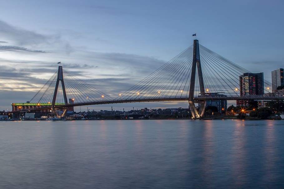 anzac, bridge, sydney, sunset, water, australia, architecture, harbour, city, landmark