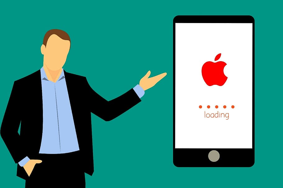 ilustração, carregamento do iphone da apple, ilustração do homem, iphone, maçã, smartphone, sistema operacional, ios, reiniciar, atualização