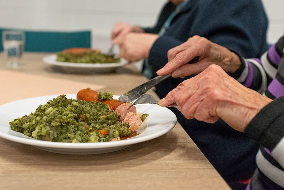food, meal, kale, hand, woman, adult, hands, elderly, self-reliance, loneliness