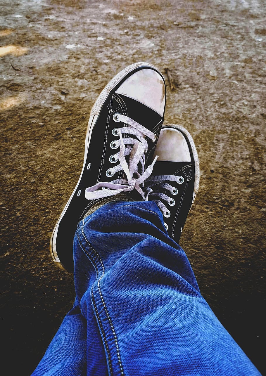 shoe, converse, jeans, blue jeans, adventure, steps, faded, low section, human leg, personal perspective