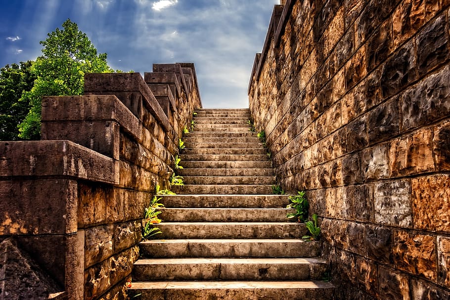 escadas, pedra, gradualmente, escada de pedra, escadaria, velho, emergência, parede, arquitetura, degrau da escada